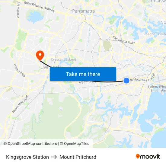 Kingsgrove Station to Mount Pritchard map