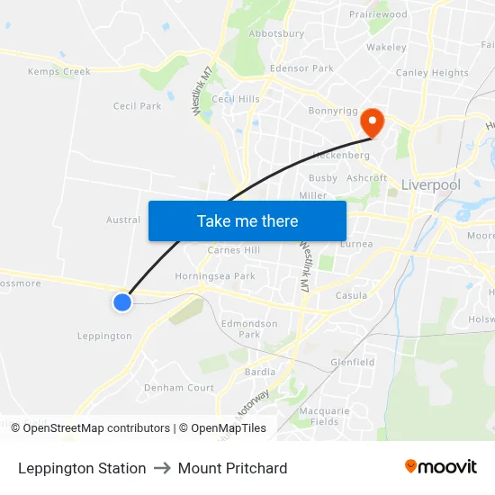 Leppington Station to Mount Pritchard map