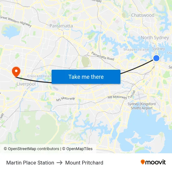 Martin Place Station to Mount Pritchard map