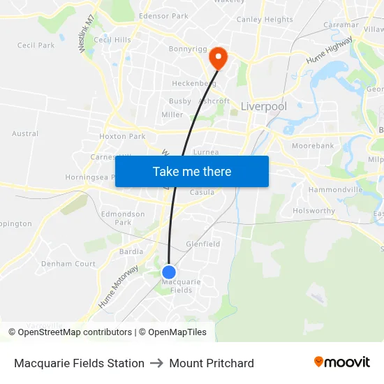 Macquarie Fields Station to Mount Pritchard map