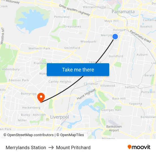 Merrylands Station to Mount Pritchard map