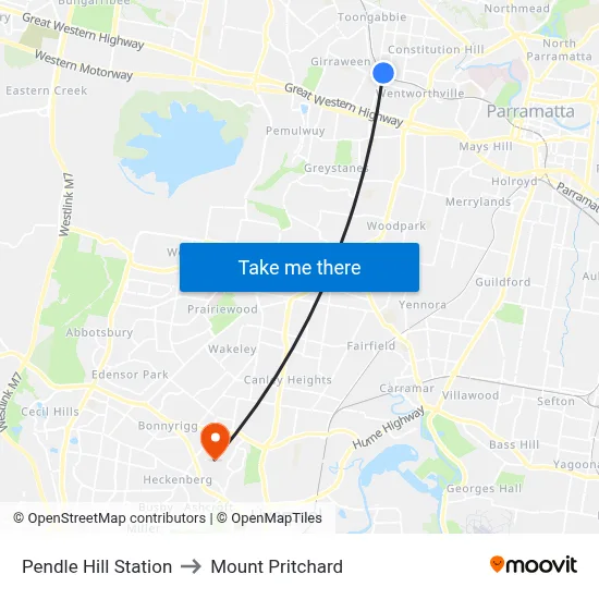 Pendle Hill Station to Mount Pritchard map