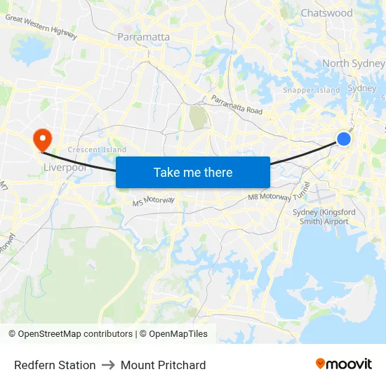 Redfern Station to Mount Pritchard map