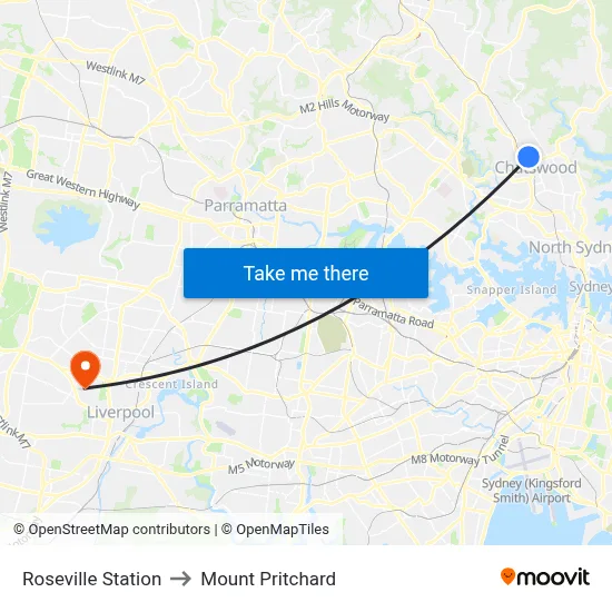 Roseville Station to Mount Pritchard map