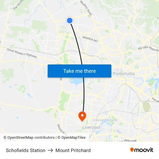 Schofields Station to Mount Pritchard map