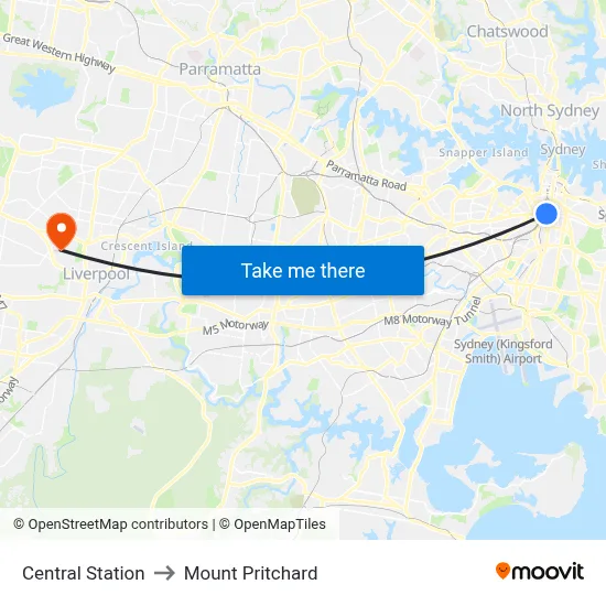 Central Station to Mount Pritchard map