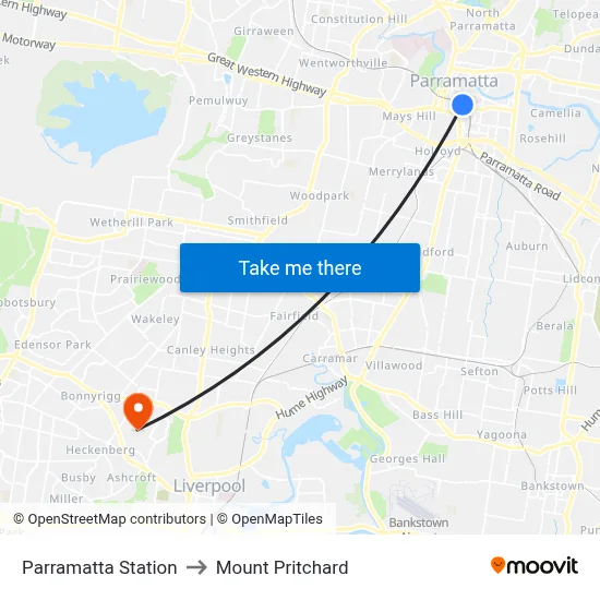 Parramatta Station to Mount Pritchard map