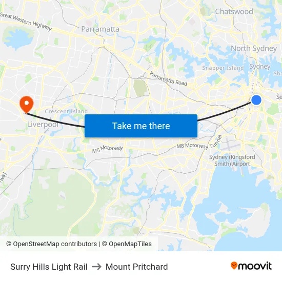 Surry Hills Light Rail to Mount Pritchard map