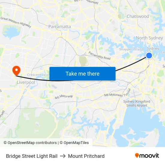 Bridge Street Light Rail to Mount Pritchard map