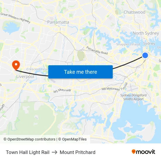 Town Hall Light Rail to Mount Pritchard map
