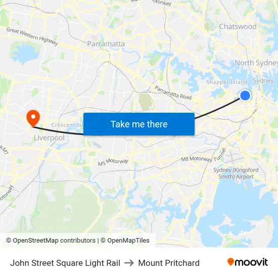 John Street Square Light Rail to Mount Pritchard map