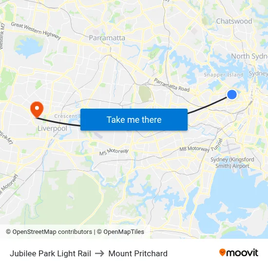 Jubilee Park Light Rail to Mount Pritchard map