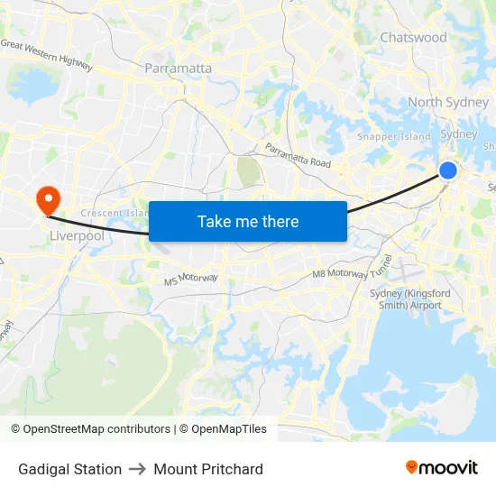 Gadigal Station to Mount Pritchard map