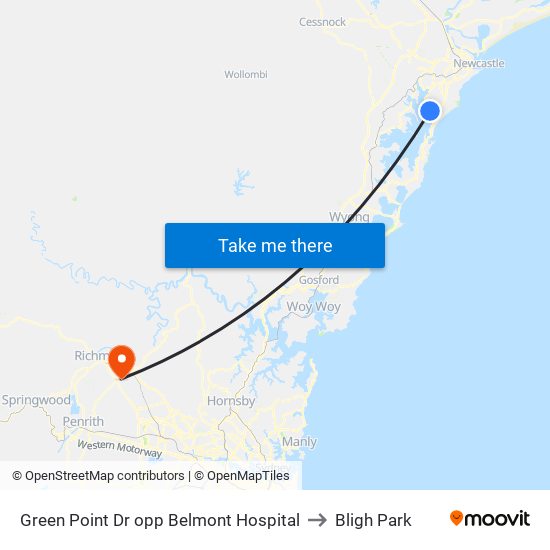 Green Point Dr opp Belmont Hospital to Bligh Park map