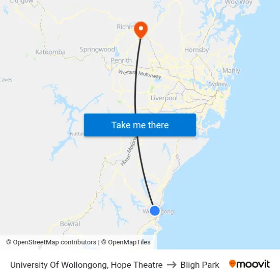 University Of Wollongong, Hope Theatre to Bligh Park map