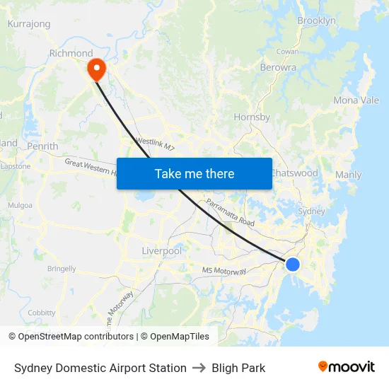 Sydney Domestic Airport Station to Bligh Park map