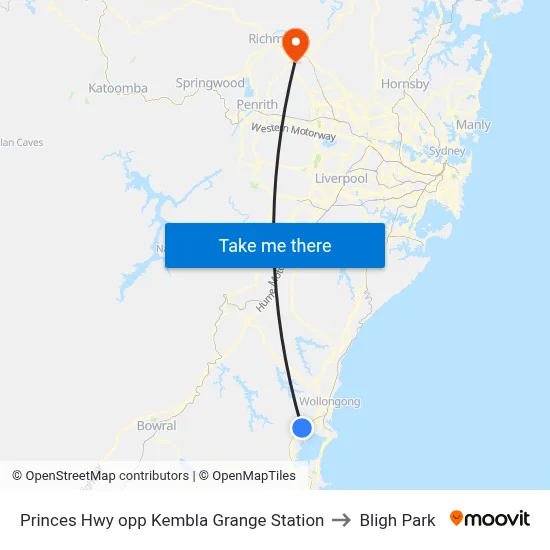 Princes Hwy opp Kembla Grange Station to Bligh Park map