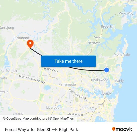 Forest Way after Glen St to Bligh Park map