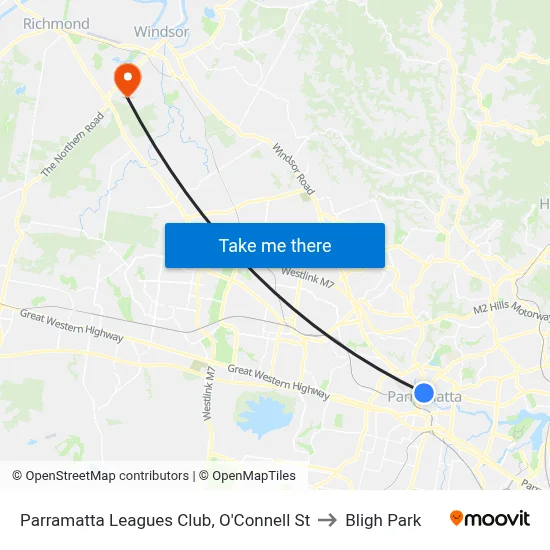 Parramatta Leagues Club, O'Connell St to Bligh Park map