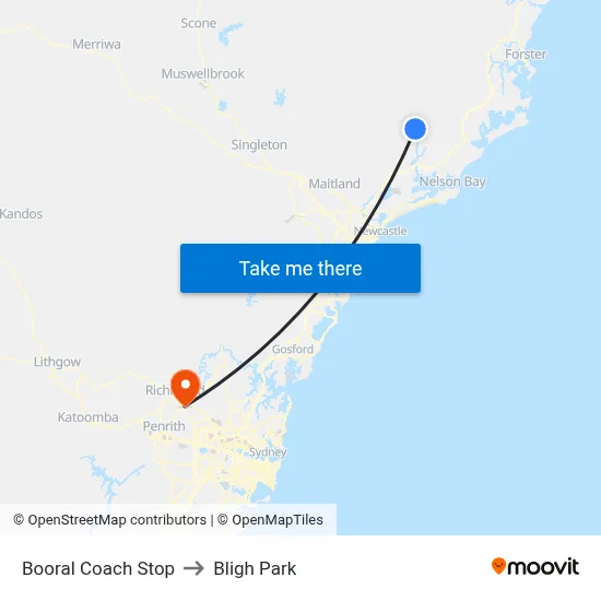 Booral Coach Stop to Bligh Park map