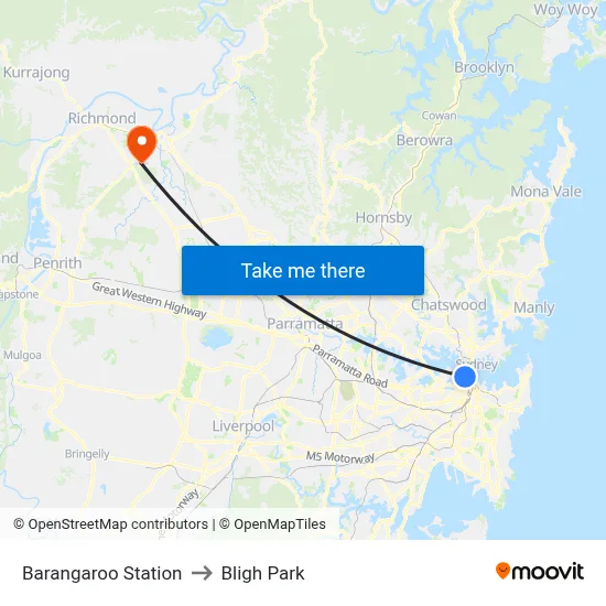 Barangaroo Station to Bligh Park map