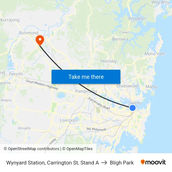 Wynyard Station, Carrington St, Stand A to Bligh Park map