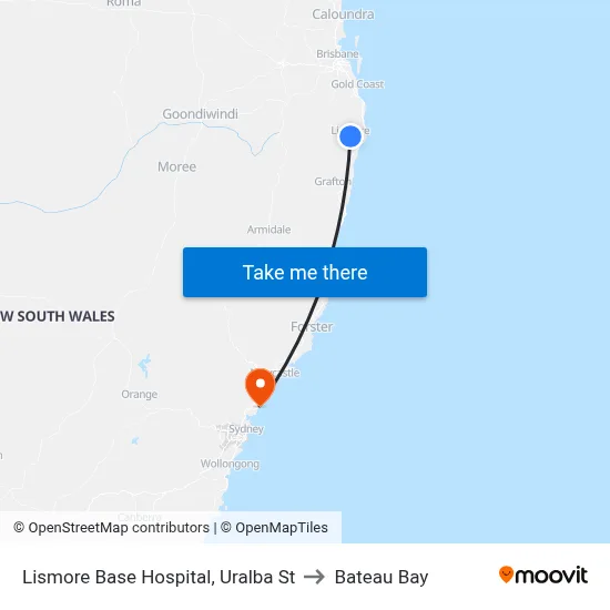 Lismore Base Hospital, Uralba St to Bateau Bay map