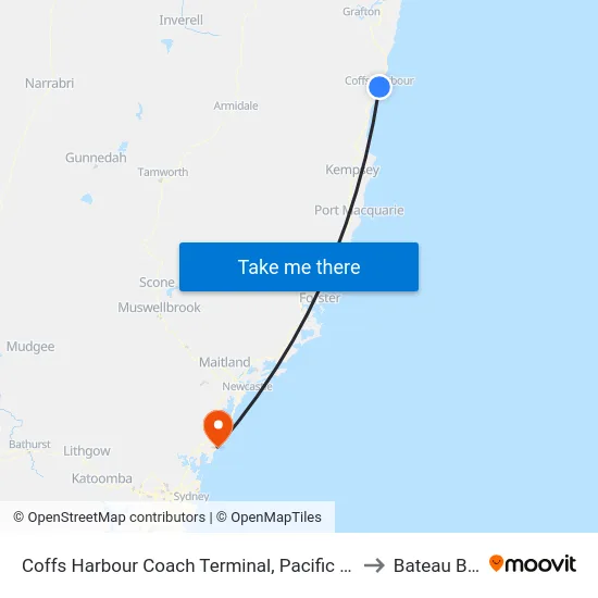 Coffs Harbour Coach Terminal, Pacific Hwy to Bateau Bay map