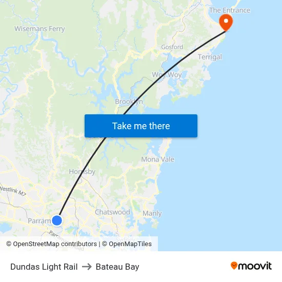 Dundas Light Rail to Bateau Bay map