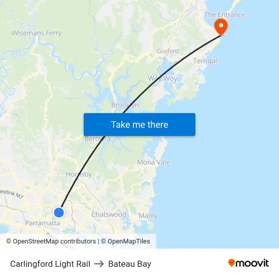 Carlingford Light Rail to Bateau Bay map