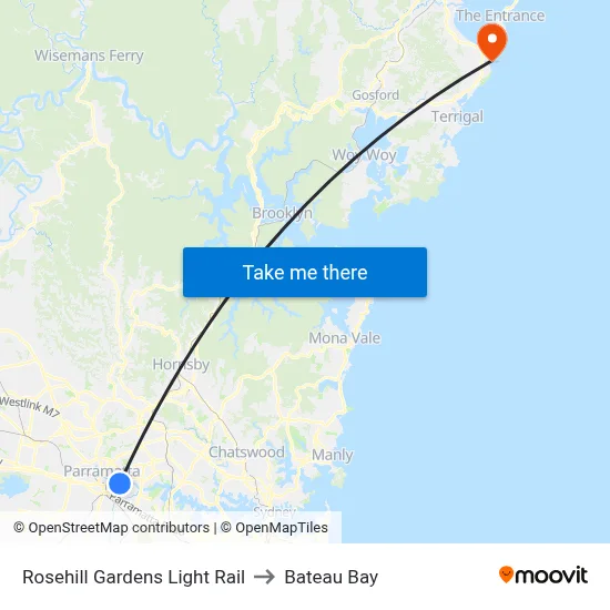 Rosehill Gardens Light Rail to Bateau Bay map