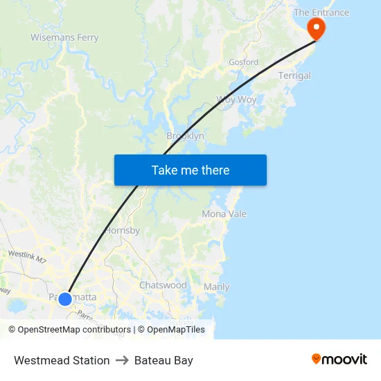 Westmead Station to Bateau Bay map
