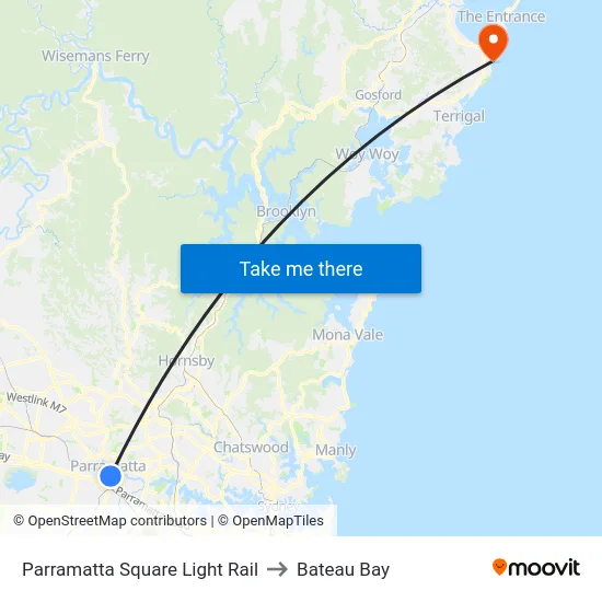 Parramatta Square Light Rail to Bateau Bay map