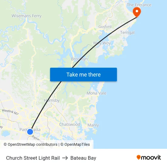 Church Street Light Rail to Bateau Bay map