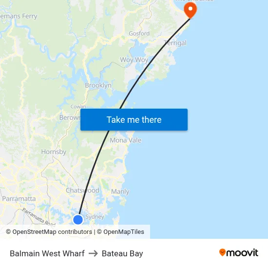 Balmain West Wharf to Bateau Bay map