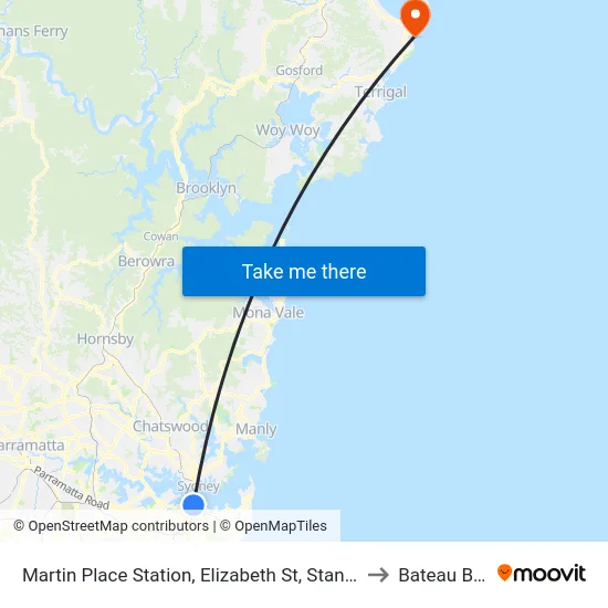 Martin Place Station, Elizabeth St, Stand G to Bateau Bay map
