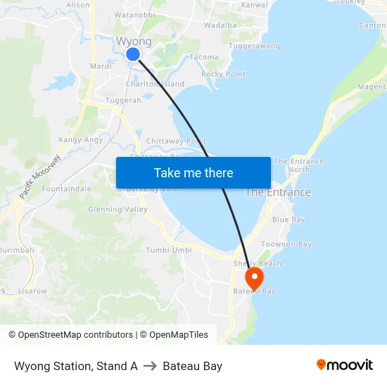 Wyong Station, Stand A to Bateau Bay map