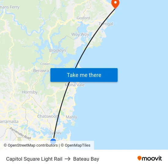 Capitol Square Light Rail to Bateau Bay map