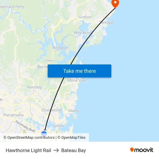 Hawthorne Light Rail to Bateau Bay map