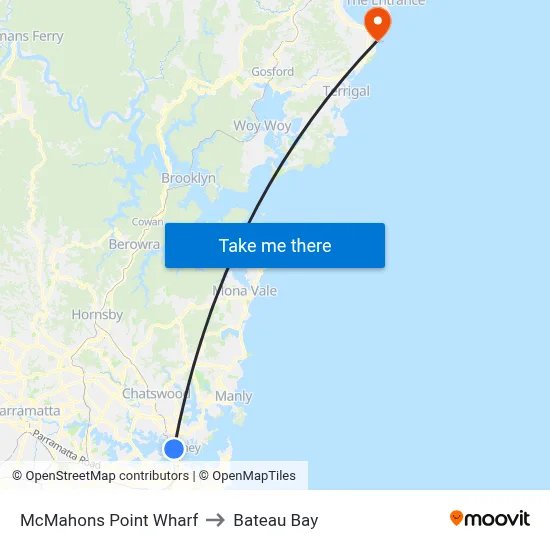 McMahons Point Wharf to Bateau Bay map