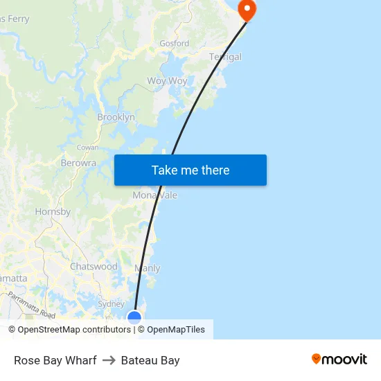 Rose Bay Wharf to Bateau Bay map
