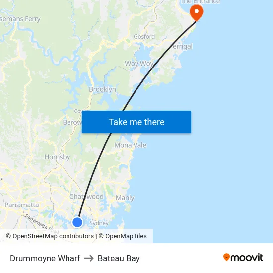 Drummoyne Wharf to Bateau Bay map