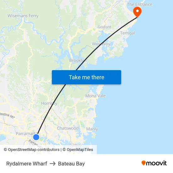 Rydalmere Wharf to Bateau Bay map