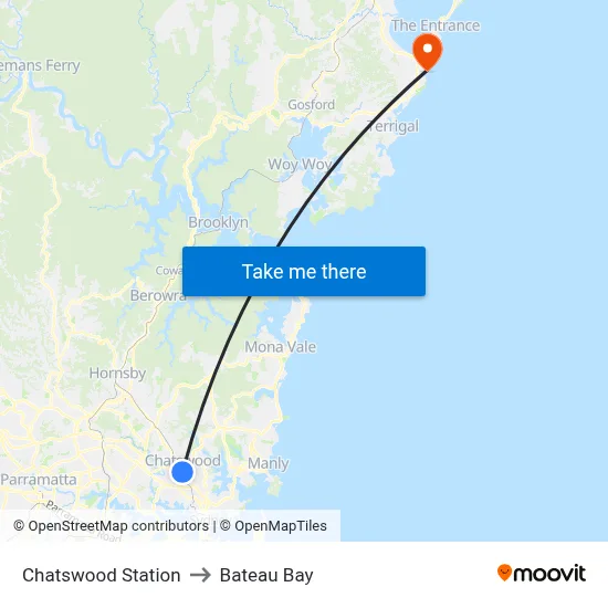 Chatswood Station to Bateau Bay map
