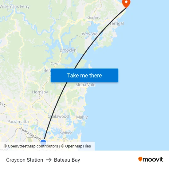 Croydon Station to Bateau Bay map