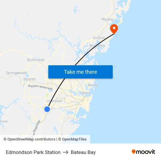 Edmondson Park Station to Bateau Bay map