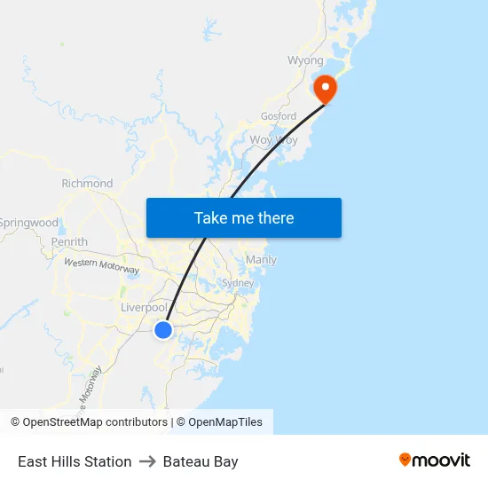 East Hills Station to Bateau Bay map