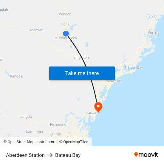 Aberdeen Station to Bateau Bay map