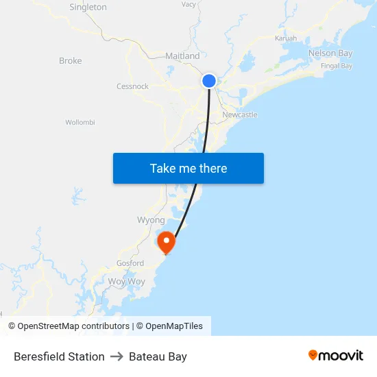 Beresfield Station to Bateau Bay map