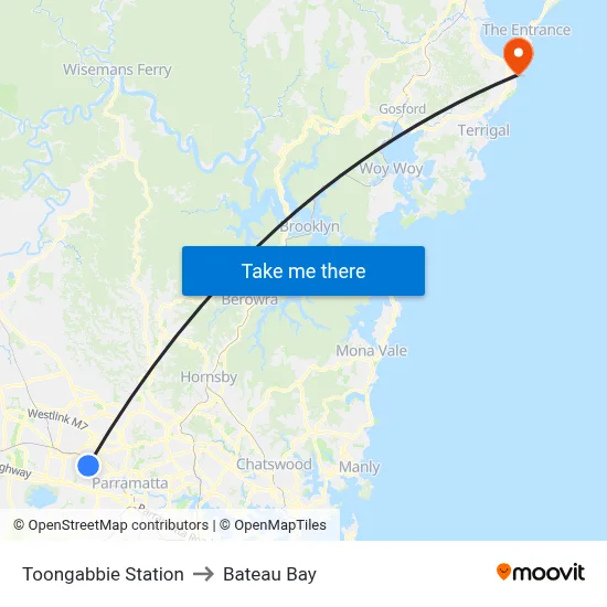 Toongabbie Station to Bateau Bay map